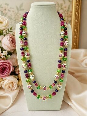 Artisan Ruby Amethyst Swarovski Crystal Double Strand Floral Necklace 20” & 22”
